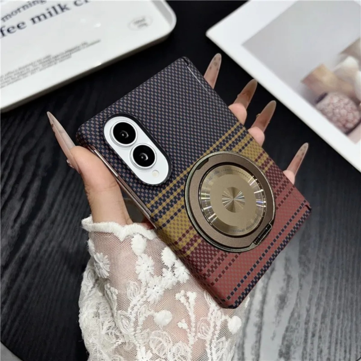 Taco Stand Holder - เคสโทรศัพท์หนังคาร์บอนไฟเบอร์พร้อมขาตั้งแม่เหล็ก 360 องศา สำหรับ Samsung Galaxy