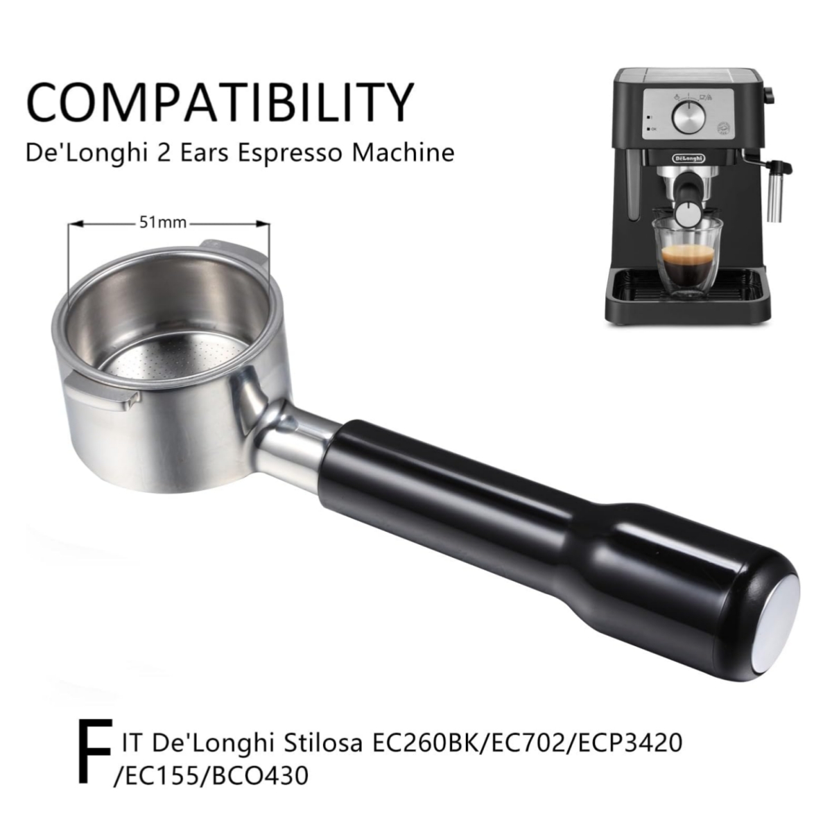 Delonghi Espresso Ecp3420 - 51 มม.Bottomless Portafilter 2 หูสําหรับDelonghi ECP3420/EC155/BCO430/EC260,ESPRESSO