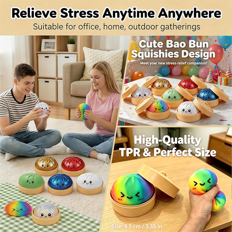 Bao Steamer Bamboo - ของเล่นบีบ Bao Bun Squishy พร้อมซึ้งไม้ไผ่ ของเล่นบีบคลายเครียดแบบนุ่ม