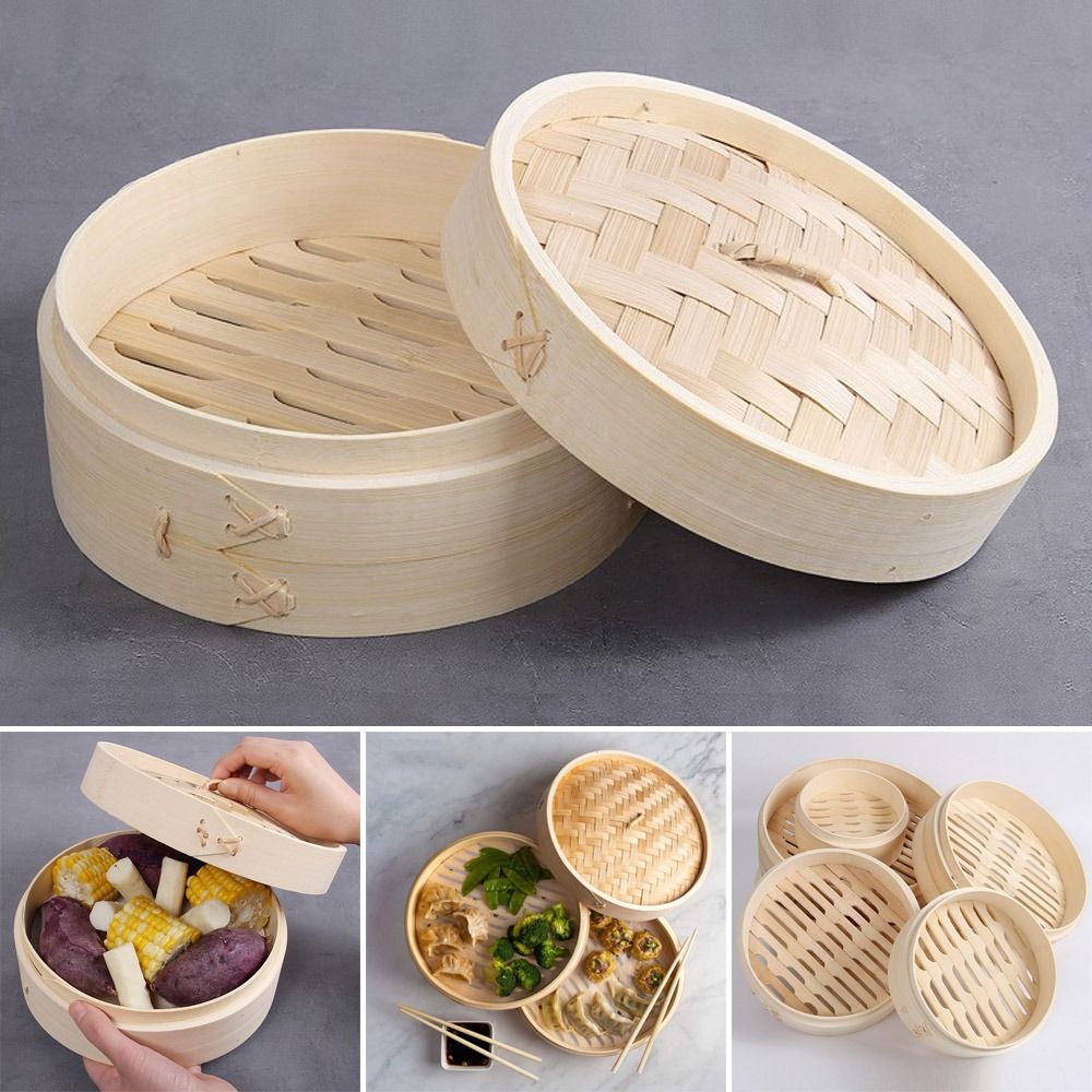 Bao Steamer Bamboo - ตะกร้านึ่งไม้ไผ่พร้อมฝาปิด Dumpling Steamer ตะกร้าครัวจีนไม้ไผ่ Steamer สําหรับทําอาหาร